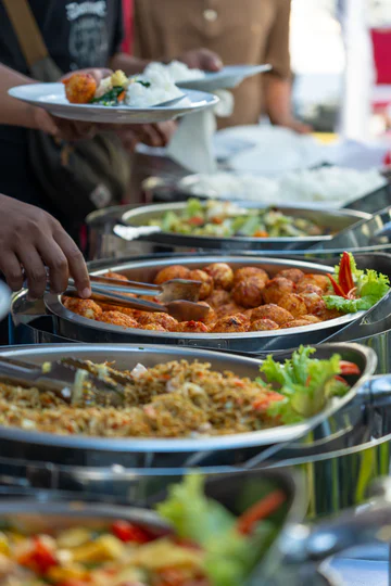 A catering buffet with hot dishes in chafing dishes